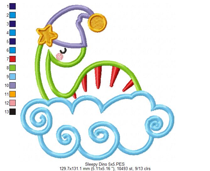 Sleepy Dinosaur on Cloud – Applique - Machine Embroidery Design