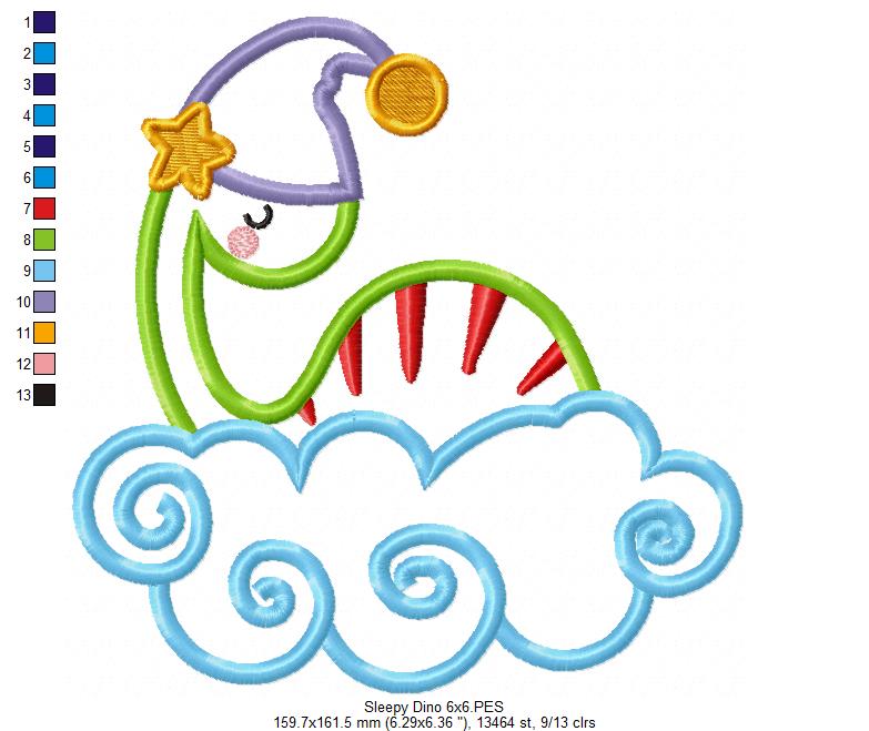 Sleepy Dinosaur on Cloud – Applique - Machine Embroidery Design