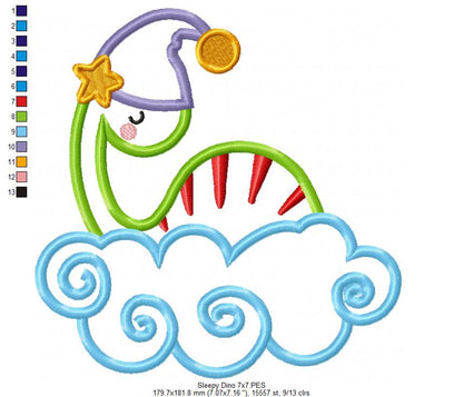 Sleepy Dinosaur on Cloud – Applique - Machine Embroidery Design