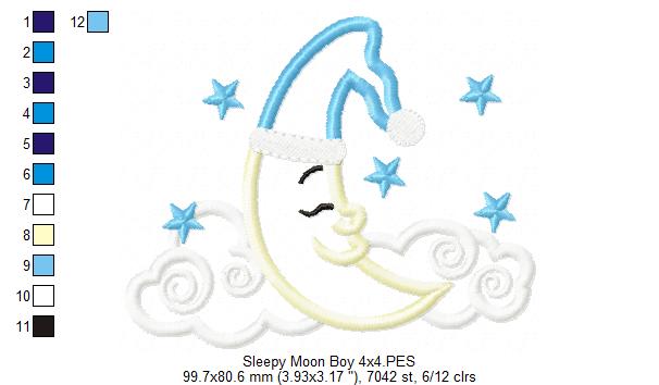 Sleepy Moon Boy and Girl - Applique - Set of 2 Designs - Machine Embroidery Design