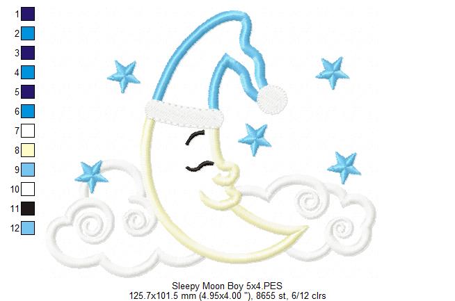 Sleepy Moon Boy and Girl - Applique - Set of 2 Designs - Machine Embroidery Design