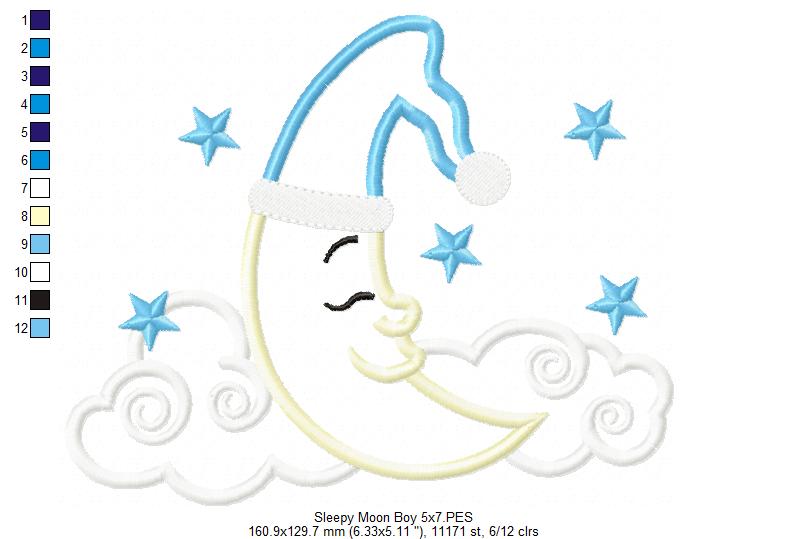 Sleepy Moon Boy and Girl - Applique - Set of 2 Designs - Machine Embroidery Design