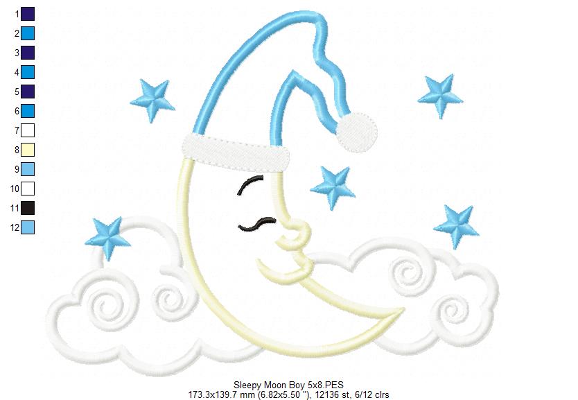 Sleepy Moon Boy and Girl - Applique - Set of 2 Designs - Machine Embroidery Design