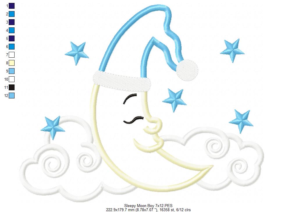 Sleepy Moon Boy and Girl - Applique - Set of 2 Designs - Machine Embroidery Design