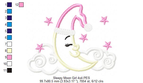 Sleepy Moon Boy and Girl - Applique - Set of 2 Designs - Machine Embroidery Design