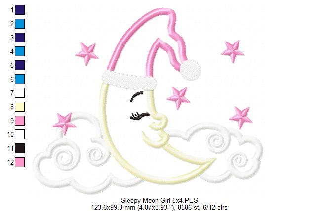 Sleepy Moon Boy and Girl - Applique - Set of 2 Designs - Machine Embroidery Design