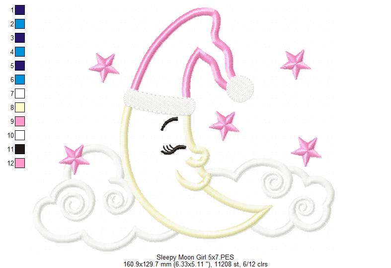 Sleepy Moon Boy and Girl - Applique - Set of 2 Designs - Machine Embroidery Design