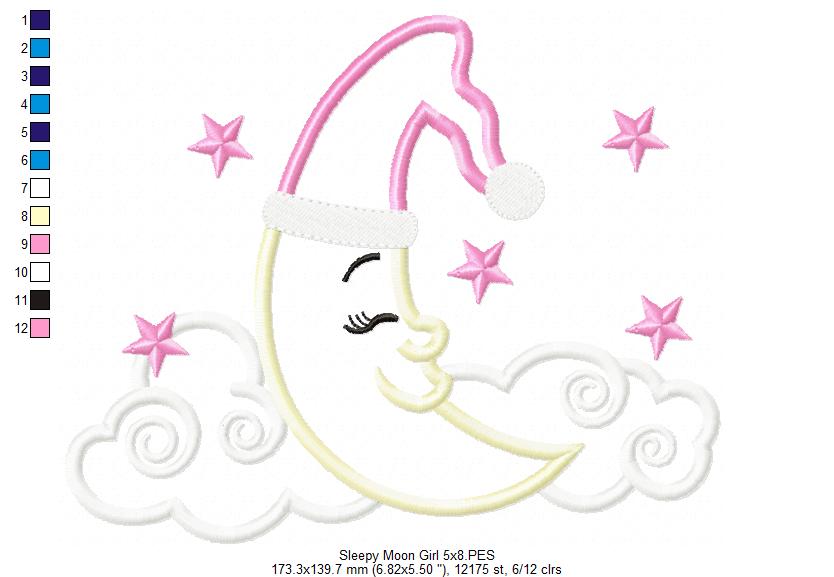 Sleepy Moon Boy and Girl - Applique - Set of 2 Designs - Machine Embroidery Design