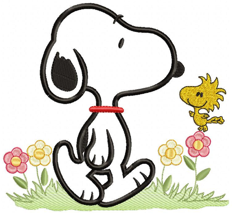 White Dog and Yellow Bird - Applique - Machine Embroidery Design