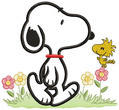 White Dog and Yellow Bird - Applique - Machine Embroidery Design