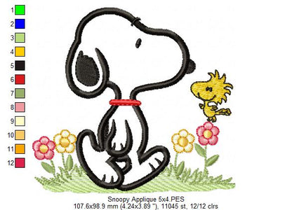 White Dog and Yellow Bird - Applique - Machine Embroidery Design