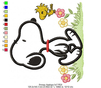 White Dog and Yellow Bird - Applique - Machine Embroidery Design