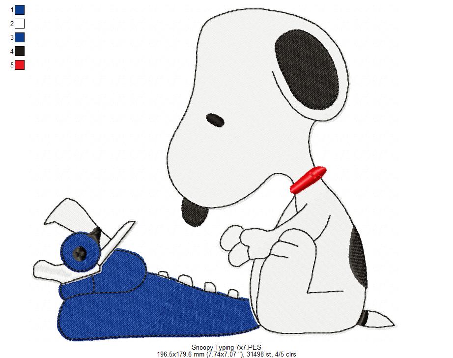 🎩 Snoopy Typing on Typewriter 🐾 – Fill Stitch - Machine Embroidery Design