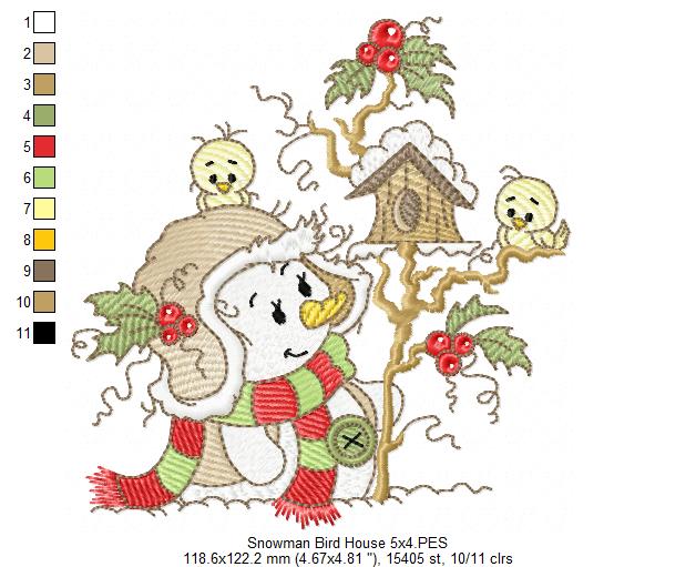 Cute Christmas Snowman and Bird House - Rippled Stitch Machine Embroidery Design