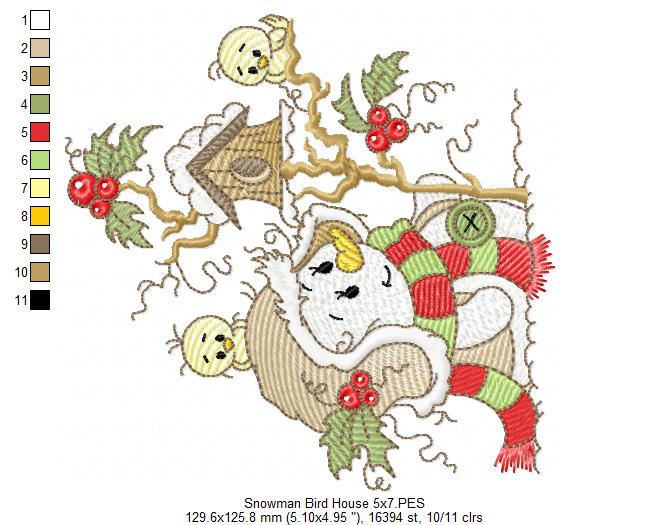 Cute Christmas Snowman and Bird House - Rippled Stitch Machine Embroidery Design