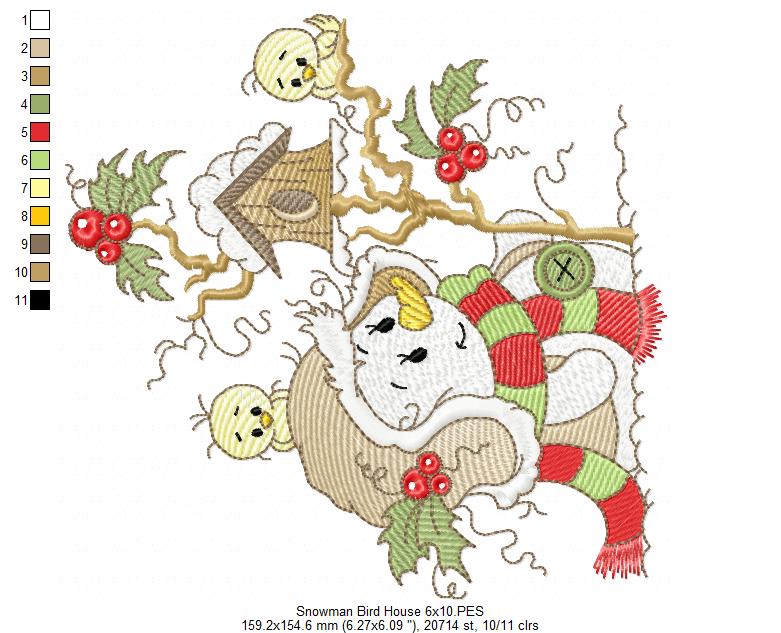 Cute Christmas Snowman and Bird House - Rippled Stitch Machine Embroidery Design