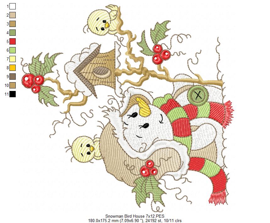 Cute Christmas Snowman and Bird House - Rippled Stitch Machine Embroidery Design