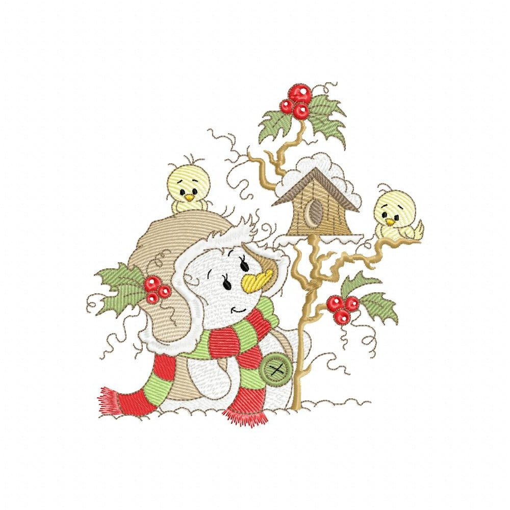 Cute Christmas Snowman and Bird House - Rippled Stitch Machine Embroidery Design