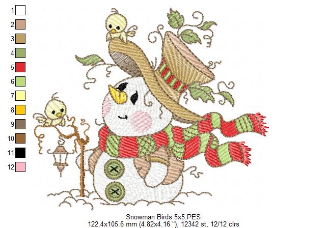 Christmas Snowman and Birds - Rippled Stitch Machine Embroidery Design