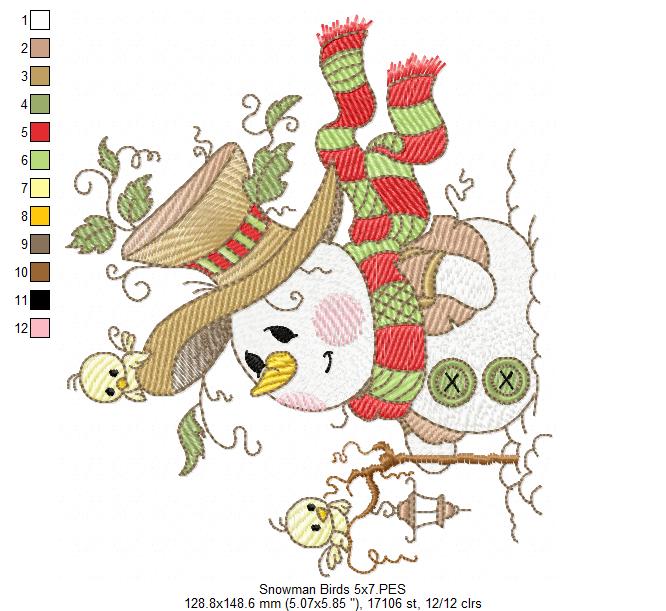 Christmas Snowman and Birds - Rippled Stitch Machine Embroidery Design