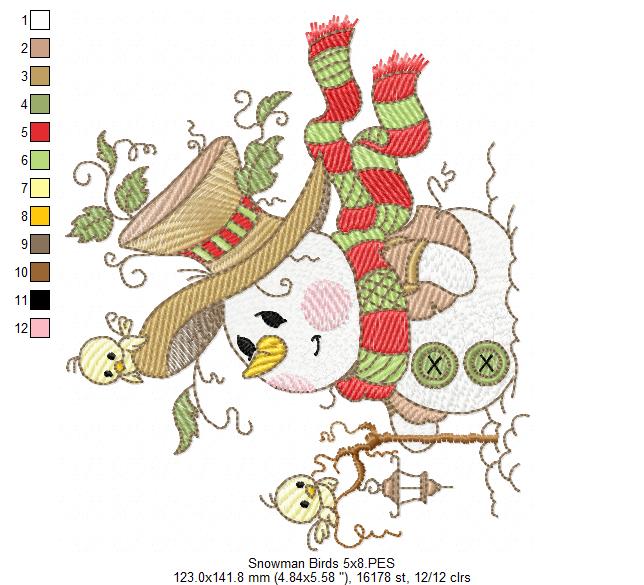 Christmas Snowman and Birds - Rippled Stitch Machine Embroidery Design