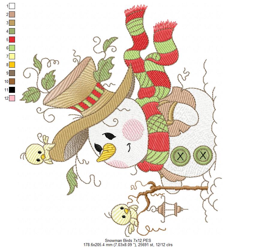 Christmas Snowman and Birds - Rippled Stitch Machine Embroidery Design