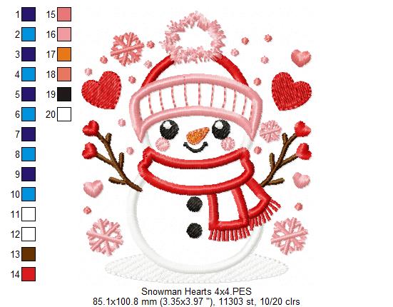 Snowman and Hearts - Applique - Machine Embroidery Design