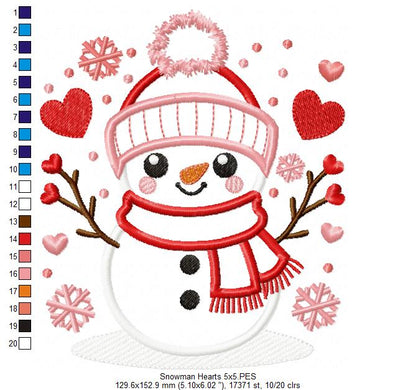 Snowman and Hearts - Applique - Machine Embroidery Design