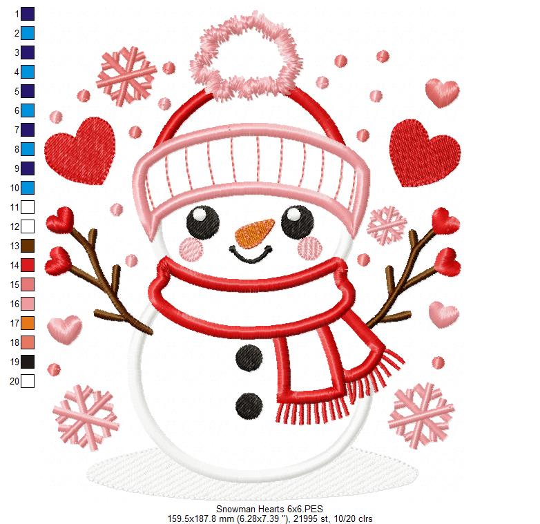 Snowman and Hearts - Applique - Machine Embroidery Design