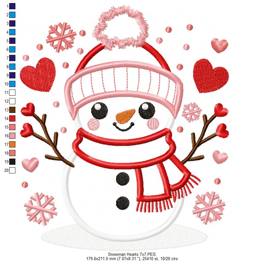 Snowman and Hearts - Applique - Machine Embroidery Design