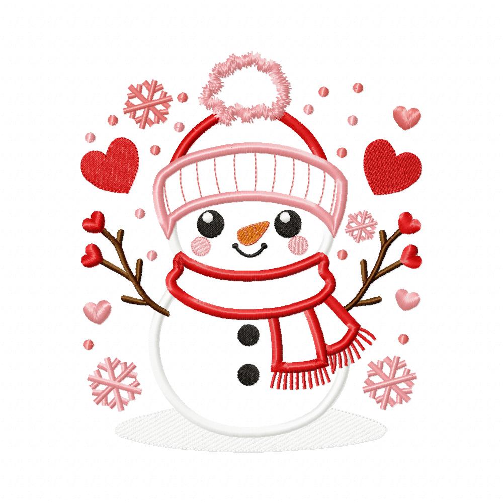Snowman and Hearts - Applique - Machine Embroidery Design