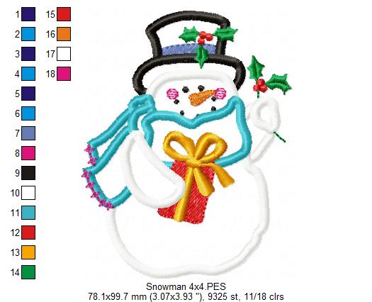 Christmas Snowman with Gift 🎁⛄ – Applique - Machine Embroidery Design