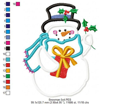 Christmas Snowman with Gift 🎁⛄ – Applique - Machine Embroidery Design