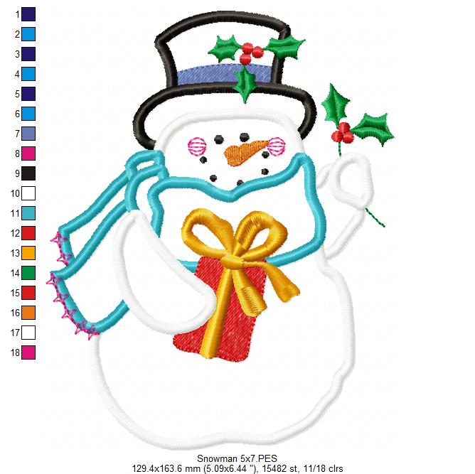 Christmas Snowman with Gift 🎁⛄ – Applique - Machine Embroidery Design