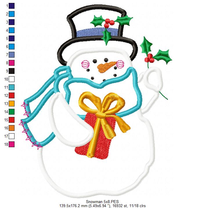 Christmas Snowman with Gift 🎁⛄ – Applique - Machine Embroidery Design