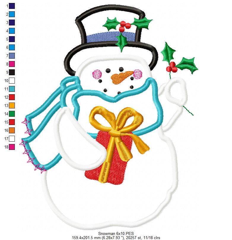 Christmas Snowman with Gift 🎁⛄ – Applique - Machine Embroidery Design