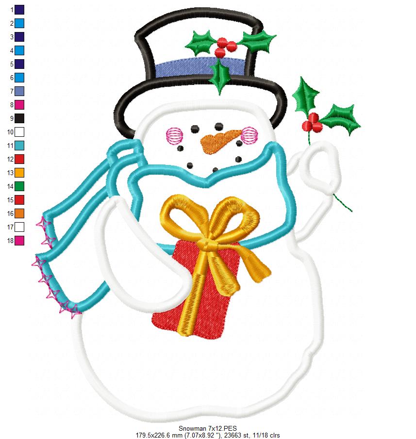 Christmas Snowman with Gift 🎁⛄ – Applique - Machine Embroidery Design