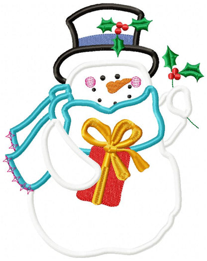 Christmas Snowman with Gift 🎁⛄ – Applique - Machine Embroidery Design