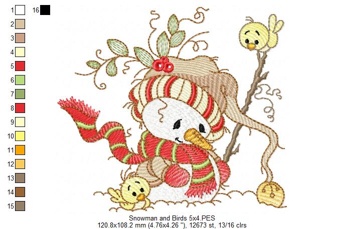 Cute Christmas Snowman and Birds - Rippled Stitch Machine Embroidery Design