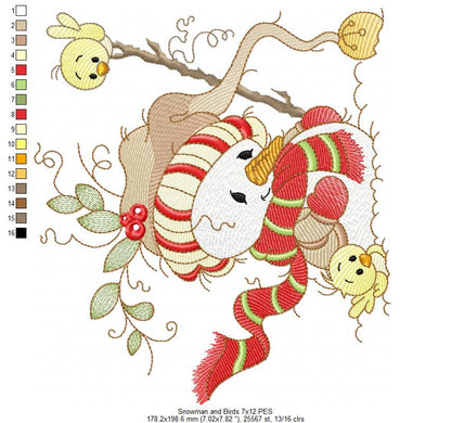 Cute Christmas Snowman and Birds - Rippled Stitch Machine Embroidery Design