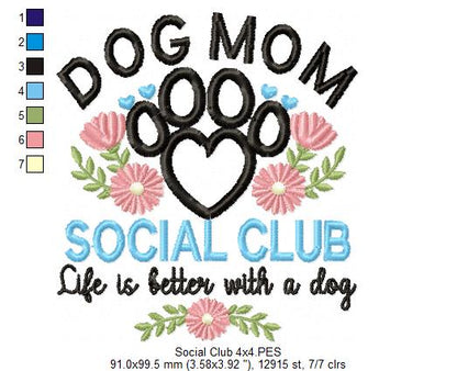 Dog Mom Social Club - Applique - Machine Embroidery Design