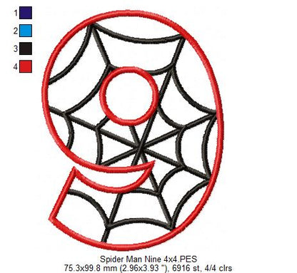 Spider Web Nine 9th Nineth Birthday Number 9 - Applique Embroidery