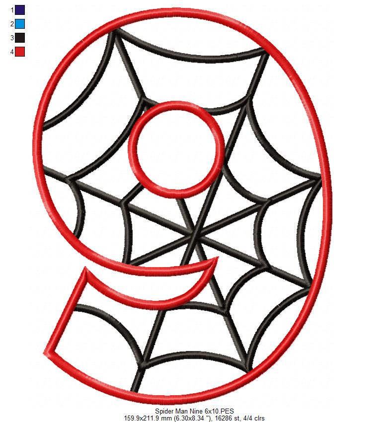 Spider Web Nine 9th Nineth Birthday Number 9 - Applique Embroidery