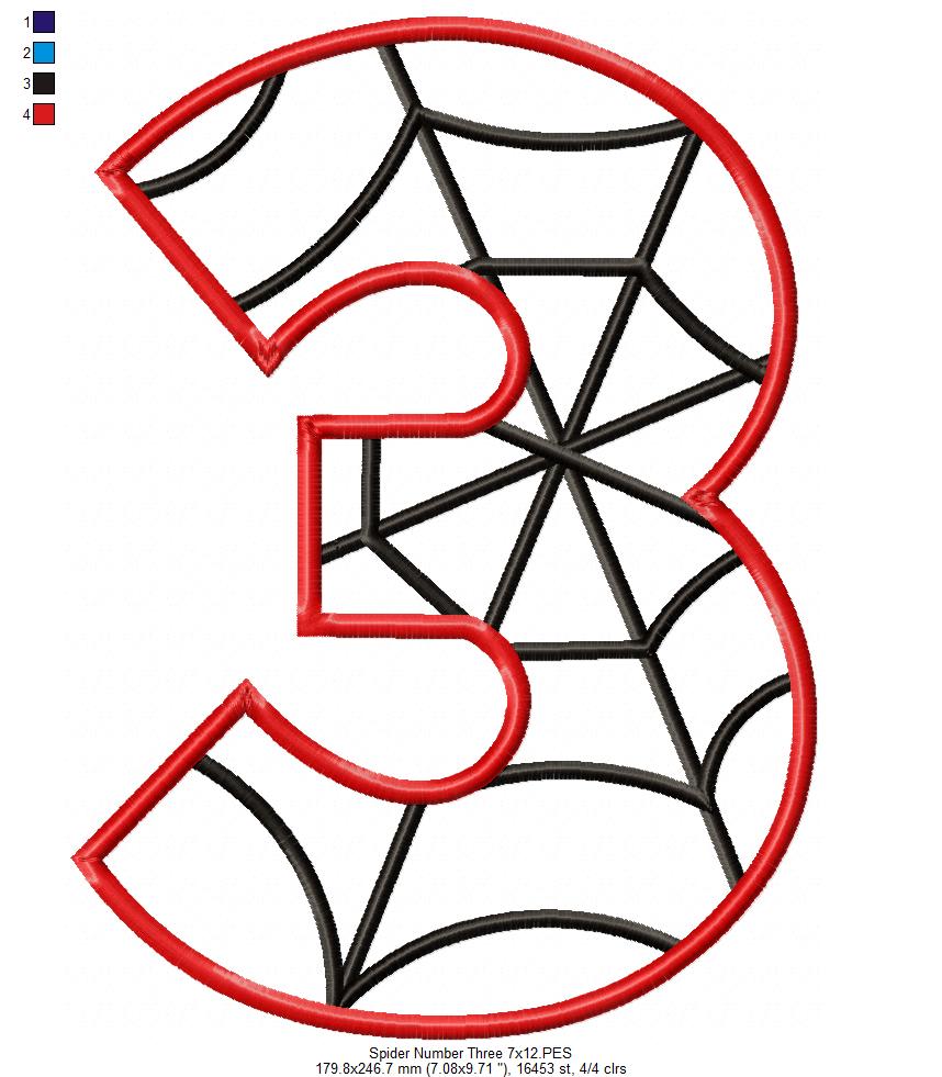 Spider Web Three 3rd Third Birthday Number 3 - Applique Embroidery