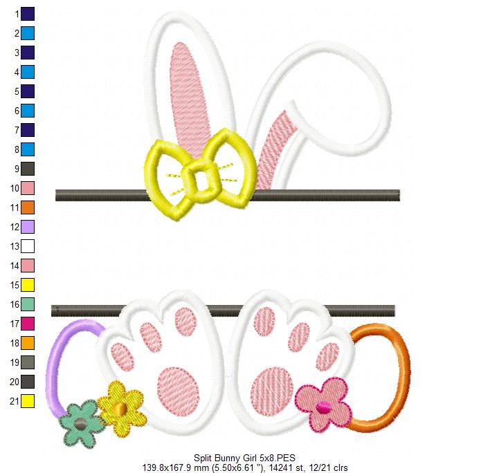 Split Bunny Girl and Eggs - Applique - Machine Embroidery Design