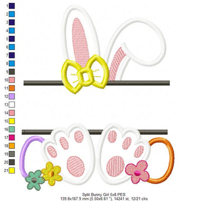 Split Bunny Girl and Eggs - Applique - Machine Embroidery Design
