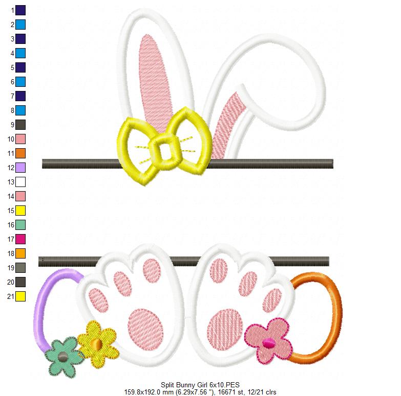 Split Bunny Girl and Eggs - Applique - Machine Embroidery Design