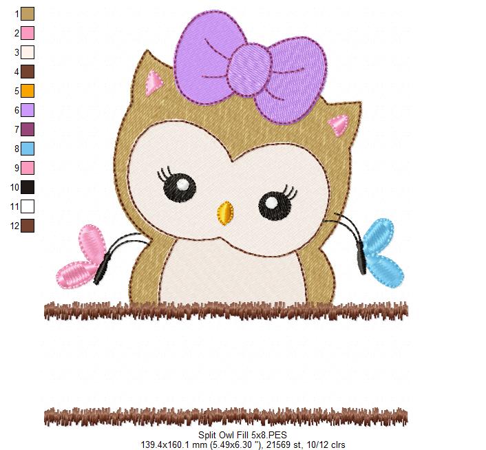 Cute Split Owl - Fill Stitch - Machine Embroidery Design