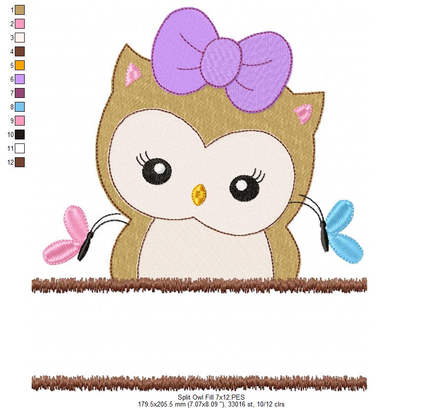 Cute Split Owl - Fill Stitch - Machine Embroidery Design