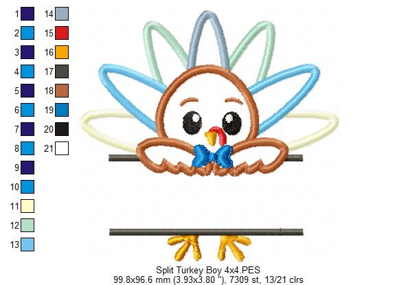 Split Thanksgiving Turkey Boy and Girl - Applique Embroidery - Set of 2 Designs